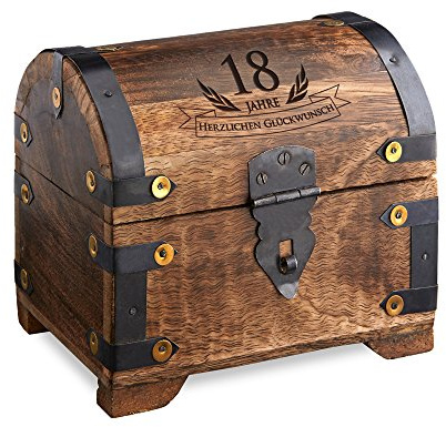 Casa Vivente Schatztruhe zum 18. Geburtstag, Schmuckkästchen mit Gravur, Aufbewahrungsbox aus dunklem Holz, Verpackung für Geldgeschenke