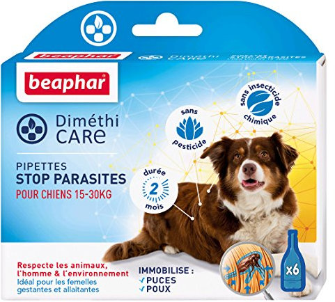 Beaphar – DIMÉTHICARE – Pipettes Stop parasites pour Chien Moyen 15-30 kg – Contre puces, tiques et poux – sans Pesticide et sans Insecticide Chimique – À l'Aloe Vera – Durée 2 Mois – 6 pipettes