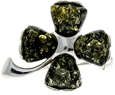 SilverAmber Jewellery UK Glücksklee-Brosche Sterling-Silber 925 Baltischer Grüner Bernstein - GL819G