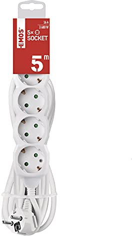 Emos P0525R Cable alargador-Regleta con 5 enchufes, 5 m, 3x1,5 mm2, Blanco, Bloqueo de Seguridad para niños