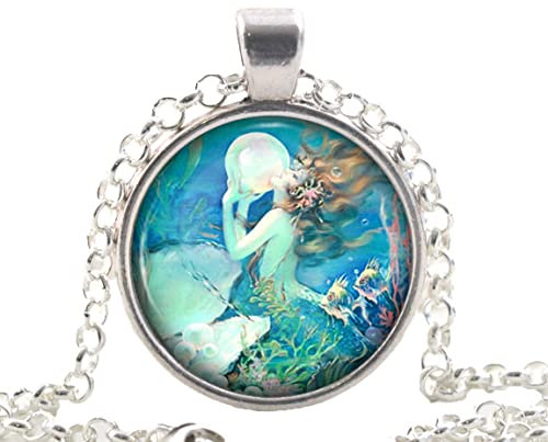 Silver Blue Mermaid Pendant Necklace, Mermaid Jewelry Gifts for Women Girls Her, Vintage Fantasy Style Artwork
