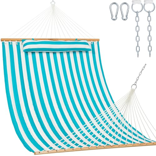 Lazy Daze Dubbel hängmatta av quiltat tyg, med spridningsstänger och avtagbar kudde, 2 personer, hängmatta för utomhus, terrass, bakgård, pool, 204 kg lastkapacitet, Sailor Stripe