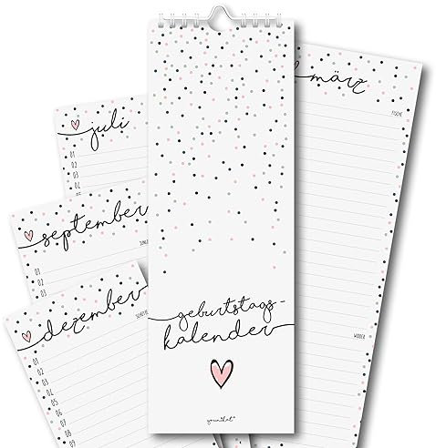 Geburtstagskalender Konfetti-Motiv I Spiralbindung 105 x 297 mm I jahresunabhängig I Dauerkalender für Frauen, WG, Büro die ganze Familie I dv_665