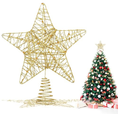 VEYLIN Christmas Tree Topper, 10 Inch Metal Glitter Star Treetop for Home Decoration