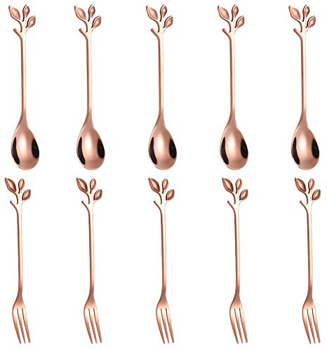AnSaw 10-Pc Rose Gold Mini Spoons & Forks Set, 4.7 - Stainless Steel, Leaf Handle, Ideal for Coffee,Tea, Appetizers, Tastings, Parties, Charcuterie & Cocktails
