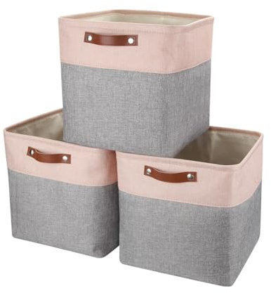 Mangata 25|28|30|33cm Aufbewahrungsbox Stoff, Aufbewahrungskorb für Regal, Korb Aufbewahrung, 3-er Pack, 30x30x30 cm, Grau Rosa