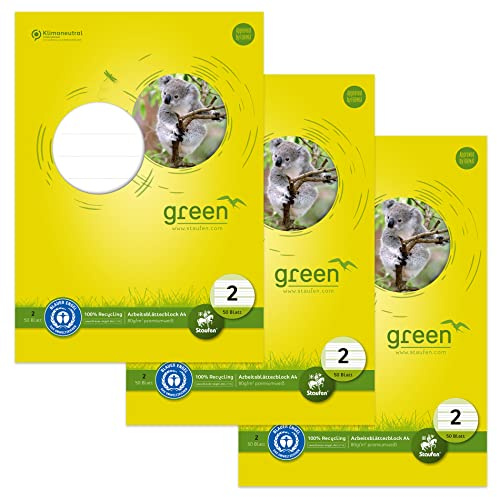 Staufen Green Arbeitsblätterblock - DIN A4, Lineatur 2 (4/4/4mm liniert, farbig hinterlegte Lineatur), 50 Blatt, premiumweißes 80g/m² Recyclingpapier, 3 Stück