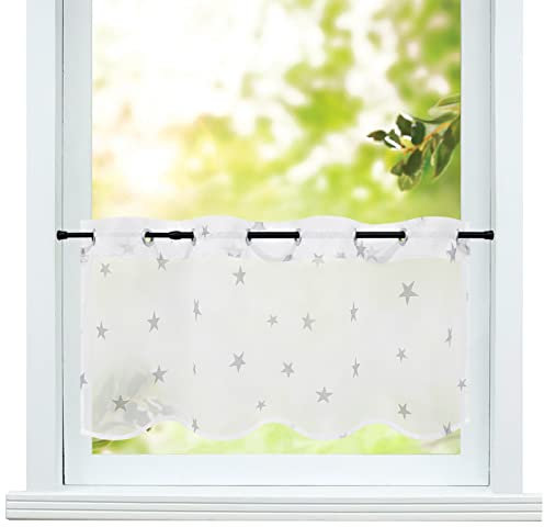 ESLIR Scheibengardine mit Ösen Gardinen Küche Bistrogardinen Transparent Stores Vorhänge mit Sterne Muster Kurzgardinen Voile Grau HxB 30x120cm 1 Stück