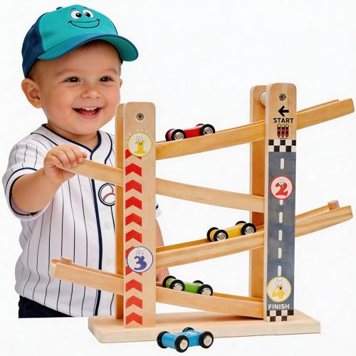 Wooden Track Car Click Clark Race Cars with 4 Cars Car Ramp Toy for Boy Gifts Birthday Presents Racing Track Educational Toy Gift for 1 2 3 Year Old