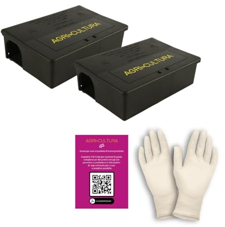 AGRI-CULTURA® | Contenitore Esca per Topi Grandi con Chiave | Trappola per Topi | Set con 2 box Contenitori per Esche, Guanti e Guida con Consigli Utili | Conforme HACCP.