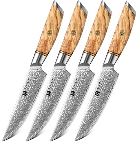 XINZUO Damaststahl 4-Teilig Steakmesser Set, 13.1cm Besteckmesser, für 4 Personen, Damastpulverstahl Hochwertige Tafelmesser Scharf Küchenmesser -Olivenholz Griff -mit Schöner Geschenkbox