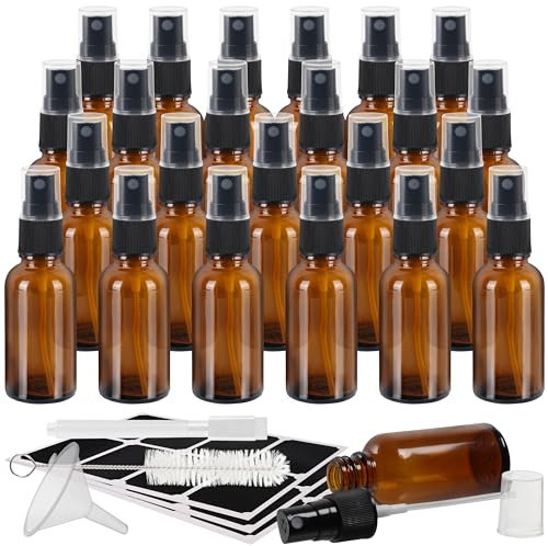 BELLE VOUS Braunglas Zerstäuber Set (24 Stk) - Nachfüllbare Sprühflasche Klein 30 ml - Feiner Nebel, Bürste, Trichter, Etiketten & Stift - Für Ätherische Öle & Aromatherapie