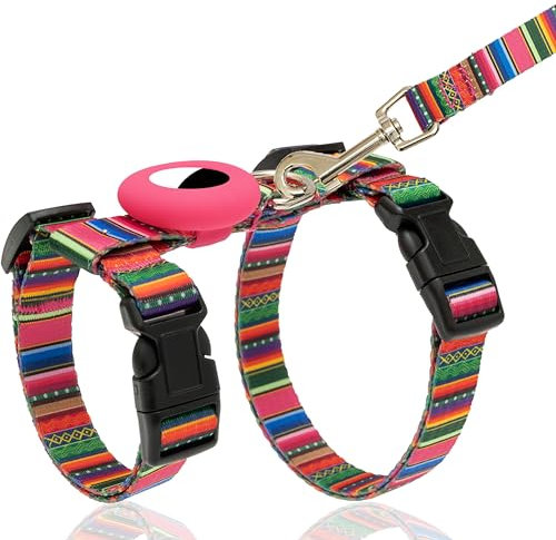 TUKOAW Katzengeschirr und Leine, ausbruchsicher, für Spaziergänge, Reisen, Outdoor, weiches Nylon, verstellbar, niedliches Katzengeschirr-Set mit Airtag-Halterung für kleine, mittelgroße und große