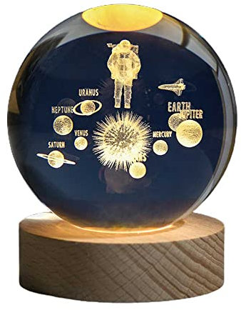 Jauhmui 3D Kristallkugel Nachtlicht,Tischdekoration Basteln Mit Holzsockel, 3D-Lasergravurverfahren LED Ball Lampe,leuchtende Kristallkugel-Ornament,Nachttischlampe,Astronomie-Geschenke für Kinder