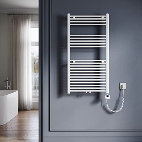 SONNI Badheizkörper Elektrisch mit Thermostat 1150x600 mm Weiß Handtuchtrockner Mittelanschluss Oval Handtuchwärmer für Bad Heizung 600W