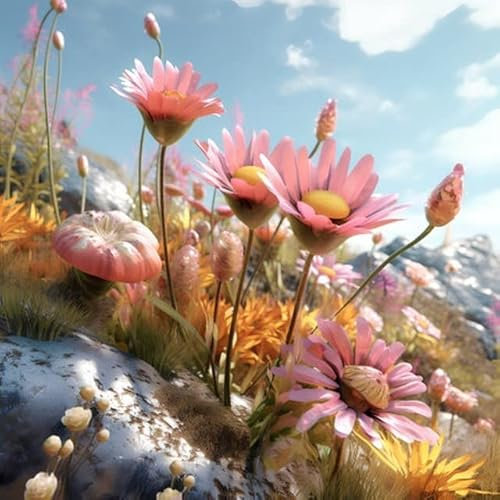 Holz-Bild 40 x 40 cm: 3D-Illustration von Blumen auf der Wiese mit Bergen im Hintergrund (204260914)