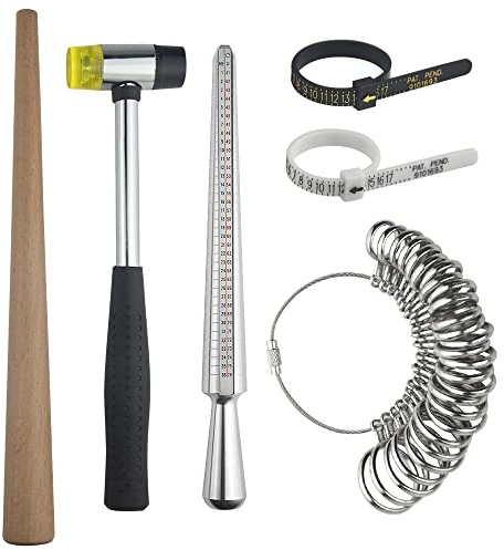 BGTXINGI 6PCS 3 IN 1 Multifunction Ring Sizer Measuring Tool Set Circle ModelsJewelry Making Repair Tool Ring Mandrel Sizer Finger Size Stick Ring Sizer Guage and Jewelers Rubber Hammer