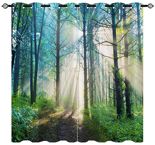 YUANZU Wald Vorhänge Bäume Natürliche Landschaft Ösen Gardinen mit Blickdichte Thermo Vorhang Kälteschutz Blackout Curtain Kinderzimmer Schlafzimmer Verdunkelung Fenster, 2 Stück, H 160 x B 132 cm