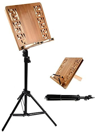 WORDFUN 2 In 1 Dual-Use Notenständer & Tischständer, Ausziehbarer Notenständer 70-160cm, Leichtgewicht, Tragbar, Desktop-Buchständer Aus Bambus, Notenhalter Orchesterpult, Musik Ständer
