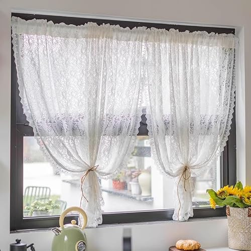 Yaland Jacquard Scheibengardine mit Blumenmuster 1 Stück HxB 100x140cm weiß | Spitzen-Kaffeevorhang mit Stangendurchzug Landhausstil Gardine mit floraler Borte für Küche, Café, Fenster, Glastür