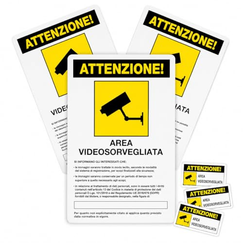 3 Cartelli Area Videosorvegliata 20x30 cm in PVC Rigido + 3 Adesivi 10x7 cm – Avviso GDPR Videosorveglianza per Casa, Cancello, Negozio, Garage e Condominio