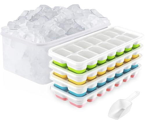 ilauke Silicone Ice Cube Tray with Lid & Bin, Set of 4 Ice Cube Moulds, Reusable Ice Trays for Freezer, Stackable Square Silicone Ice Mold ​with Storage Box, Making 56pcs Ice Cubes, Easy to Press