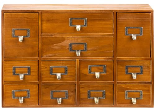 Apothecary Cabinet with 12 Drawers - Index Card Organiser - Vintage Chest of Drawers - Mahogany Wood Organiser - Office Desk Drawer Organiser for Herb Storage, Pharmacist Journals