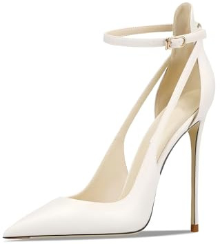 Qunvngutui Women's Pointed-Toe Bag-Toe Strappy High-Heeled Shoes Sexy Stiletto Pumps White Pleather US5