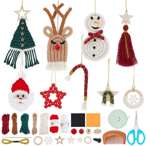 INFUNLY DIY Makramee Weihnachtsbaum Anhänger Set DIY Schneemann Kit Mit Videoanleitung Und Anleitung Handgefertigte Gewebte Gnome Weihnachtsmann Elf Weihnachtsbastelgeschenke Wanddekoration Für Zuhaus