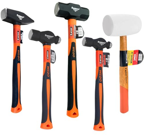 WEDO 5-teiliges Hammer-Set, 1,4 kg Vorschlaghammer, 680 g, weißer Gummihammer, 0,5 kg Kugelhammer, 0,9 kg Kugelhammer, 0,9 kg Kreuzhammer, Hartstahl, Fiberglas-Griff