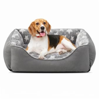 FURTIME Hundebett Mittelgroße Hunde, Hundekorb Waschbar Hundekörbchen rutschfeste, Hundebetten Flauschig Hundematratze mit Erhöhte Ränder Weiches, Hundesofa für Hunde Katze, Grau/Sterne, 63x53x20cm