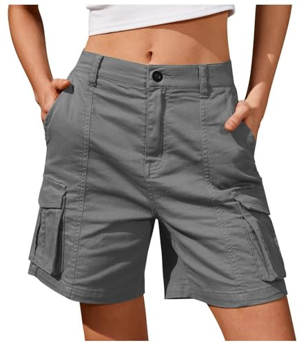 DeaAmyGline Damen Cargo Shorts Knielang - Chino Hose Damen Cargohose mit Multi-Taschen Bermuda Shorts Chinohose Cargoshorts Arbeitsshorts Freizeithose Wandershorts für Frauen in Grey, Größe L