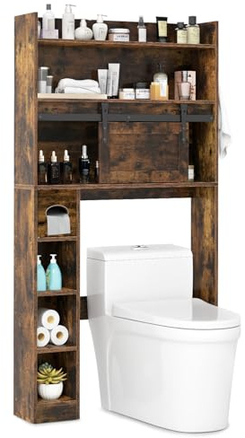 COSTWAY Over Toilet Storage Unit, Freestanding Bathroom Space Saver with Sliding Barn Door, Paper Holder and Adjustable Shelves, Wooden Above Cabinet Organizer Rack (Rustic Brown)
