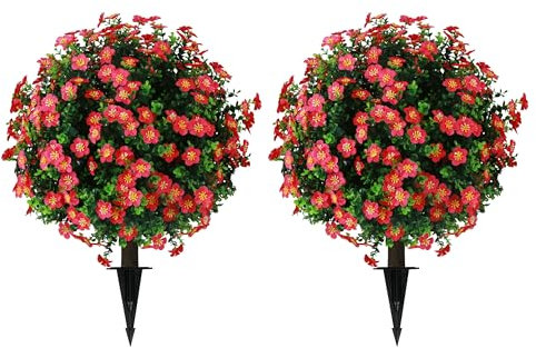 Sunnyglade Set of 2 Artificial Boxwood Topiary Ball Trees with Red Flower, Faux Shrub Bushes with Ground Spike 25.5, UV Resistant Fake Boxwood Plants for Indoor, Garden, Porch, Patio Decor (Red)