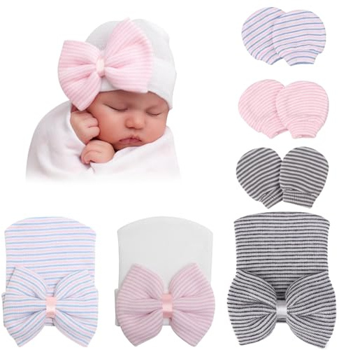DRESHOW Neugeborene Baby Mütze Fäustlinge Krankenhaus Hut Beanie Säuglingshüte mit Schleife Baby Handschuhe for 0-3 Monate