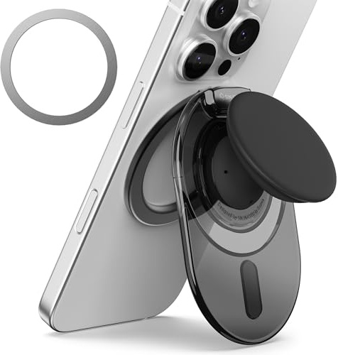 Sinjimoru Phone Grip Stand, Compatible with MagSafe, Adaptor Ring Included, 3000G Kickstand for iPhone 17/16/15/14/13. M-Tap Tok Stand Clear Black