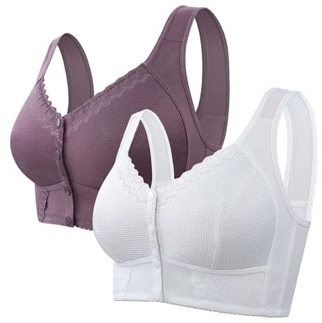 Nidddiv White Body Lace Bra for Seniors, Breathable Bra with Front Closure for Seniors, Non-Wired Bras for Older Women, Milk Catcher Bowls, Breastfeeding, gray, 16