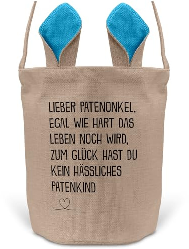 22Feels Ostern Geschenk Patenonkel Pate Osterkorb mit Henkel Tragetasche Deko Osternest Körbchen Hasenohren (Beige/Blau)
