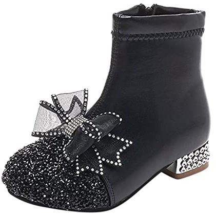 FGUUTYM Zapatos de cuero para niña con purpurina botines tacones vestidos botines moda lateral cremallera corta botas arco zapatos al aire libre zapatos bebé, Negro , 33 EU