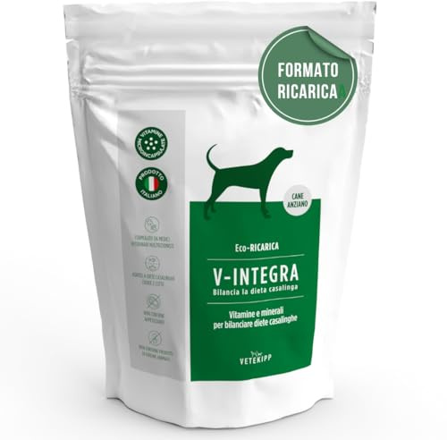 V INTEGRA Perro Anciano 1kg Eco Recarga, Suplemento Completo Rico en Vitaminas y Minerales para Equilibrar Dieta Casera y Barf, V Integra Vitaminas para Perros, Suplementos para Perros Made in Italy