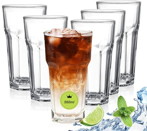 AXIM Klare, unzerbrechliche Kunststoff-Biergläser, klassische Trinkgläser für kalte Getränke, schwerer Boden, hohe Cocktailgläser für den täglichen Gebrauch (560 ml, 6 Stück)