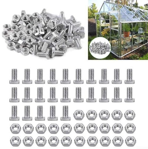 50 Sets/100 Sets Greenhouse Nuts and Bolts, Aluminium Greenhouse Hex Nuts and T Head Bolts, Greenhouse Accessories Parts for Greenhouse Repairing and Fixing(50 Sets)