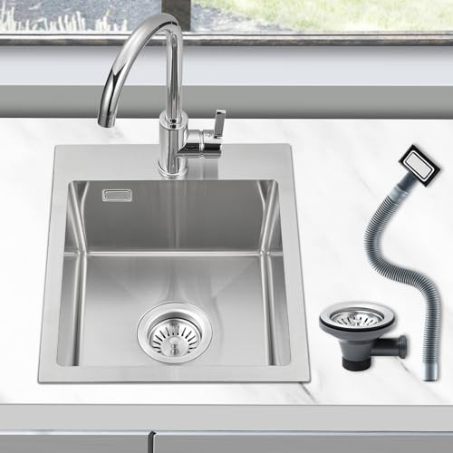 ROVOGO 40 x 34 cm Evier Cuisine en 304 Acier Inox, Kit de Vidage d'évier de Cuisine avec Trop-plein, Évier de Cuisine avec Trous pour Robinet, Lavabo Cuisine 1 Bac Brossée