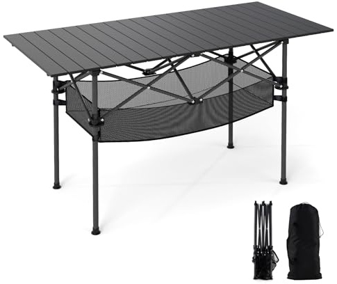 COSTWAY Campingtisch klappbar 119x55cm, Klapptisch mit aufrollbarer Aluminium-Tischplatte & Netzkorb, Falttisch bis 100 kg belastbar, inkl. Tragetasche, für Camping, Garten (Schwarz)