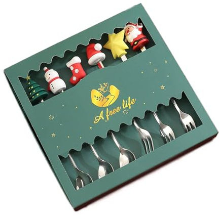 KIXZSAZ Juego de vajilla navideña de 6 piezas, juego de 6 tenedores para pastel, cuchara de repostería, cubiertos para Navidad de acero inoxidable, juego de tenedores para pastel de 6, do