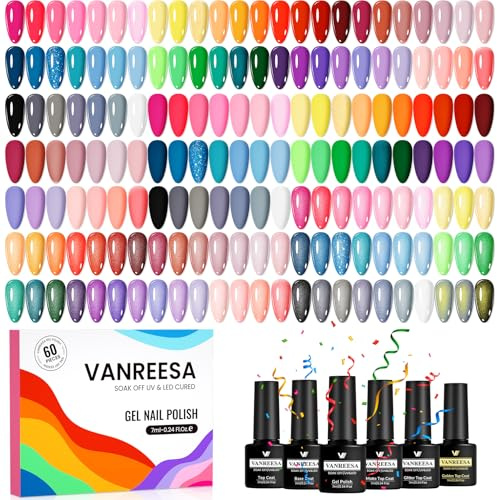 VANREESA U V Nagellack Set, 55 Farben U V Nagellack mit Unterlack und Überlack Rosa Rot Blau Grün Violett Gel Nägel Set Komplett für Anfänger Geschenk für Frauen