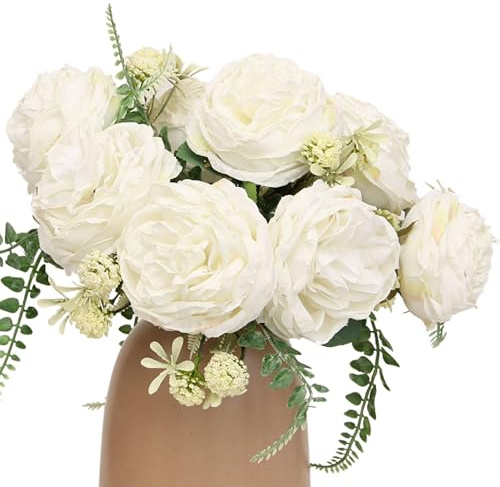 KP HOME Blumenstrauß künstlich aus Cremeweiß Rosen – Deko Kunstblumen Wie Echt mit 9 Blüten - 40 cm Hohe Seidenblumen für Innen & Außen, Tischdeko, Hochzeiten, Events oder Grabgestecke