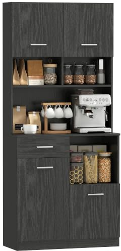HOMCOM Küchenschrank mit Verstellbarem Regal 80 x 35 x 180 cm Schwarz | Schublade, Buffetschrank mit Soft-Close-Tür, Vitrinenschrank, Aufbewahrungsschrank, Hochschrank, für Küche, Esszimmer