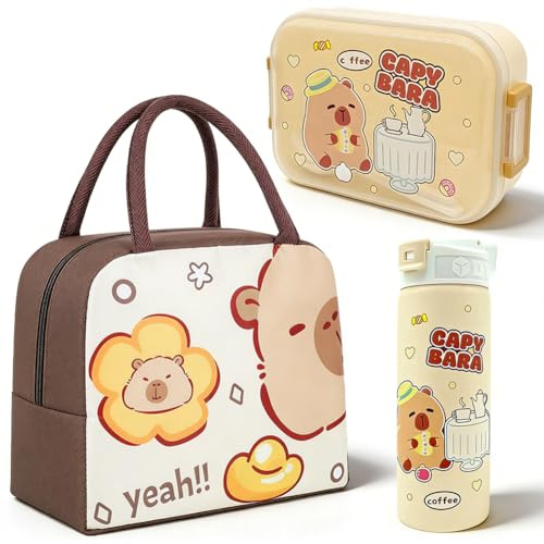 Capybara Bolsa De Almuerzo, Capybara Botella De Agua Y Fiambrera 3 Piezas, Bolsa TéRmica Para El Almuerzo, Otella De Agua De PláStico De Dibujos Animados Para NiñAs Adolescentes Escuela Picnics
