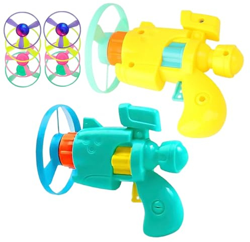Pistola giocattolo per gatti, 2 set di lanciatori di dischi volanti Giocattoli portatili che illuminano il giocattolo volante per gatti con eliche colorate per gattini per interni ed esterni
